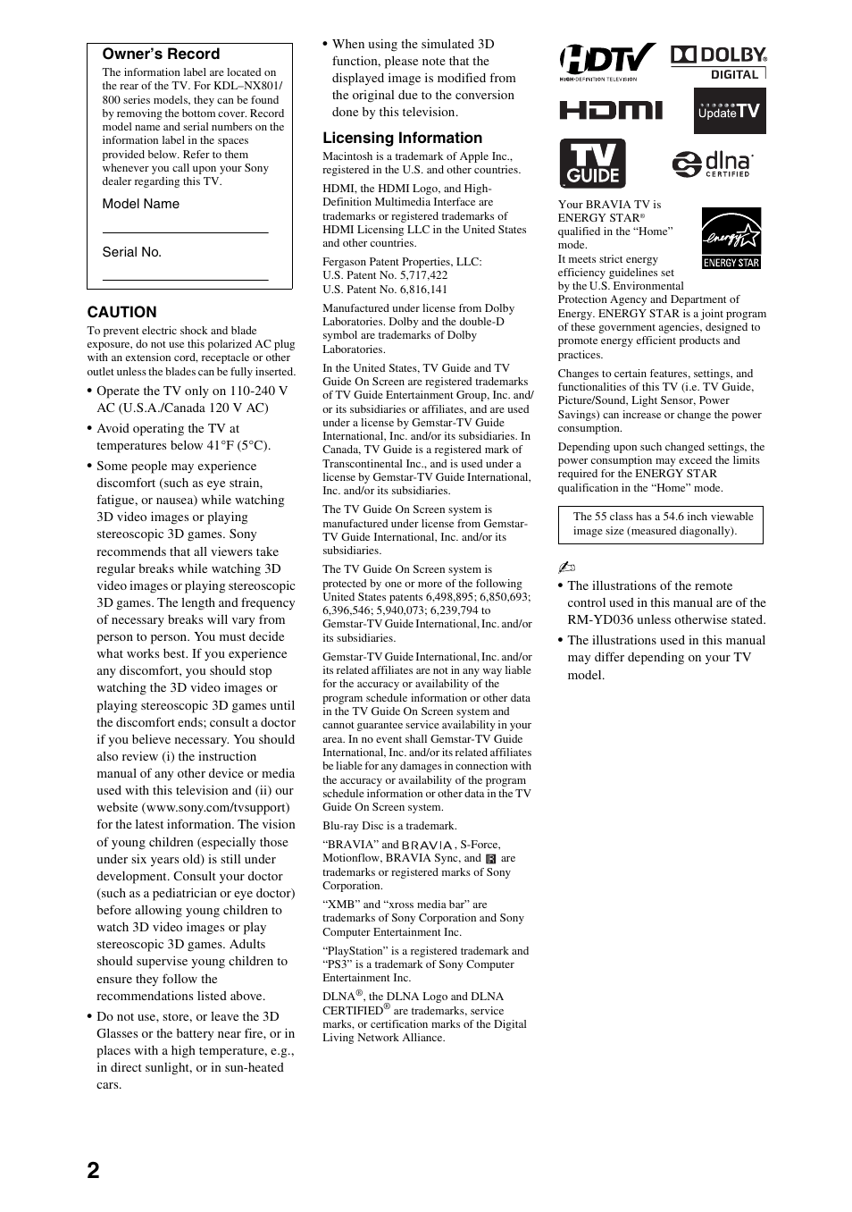 Sony 52NX800 User Manual | Page 2 / 24