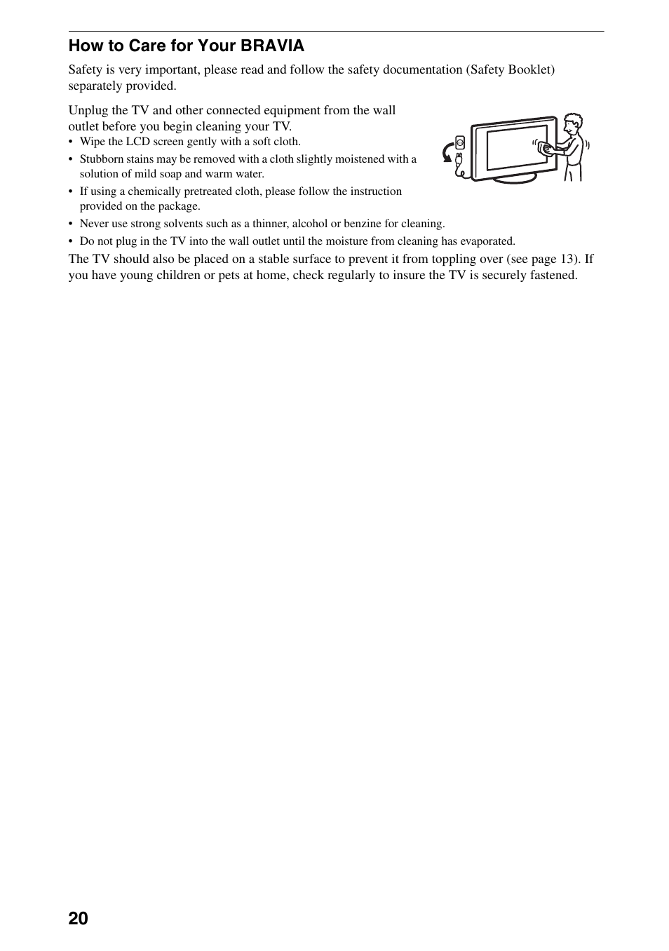 How to care for your bravia | Sony 52NX800 User Manual | Page 20 / 24