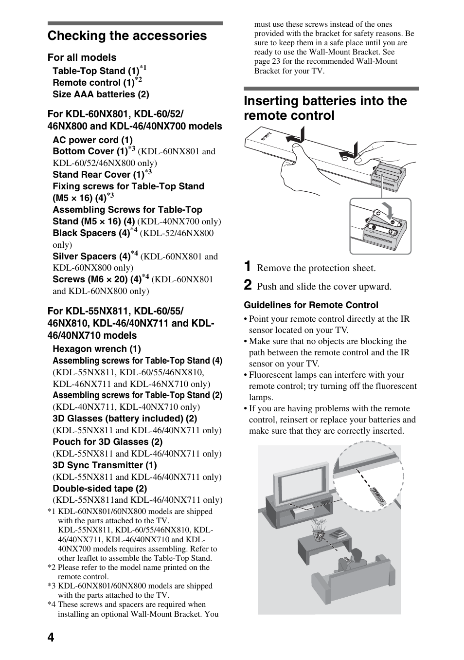 Checking the accessories, Inserting batteries into the remote control | Sony 52NX800 User Manual | Page 4 / 24