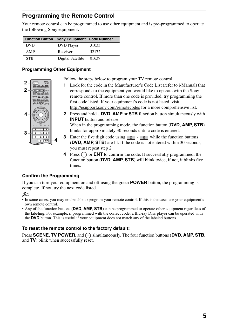 Programming the remote control | Sony 52NX800 User Manual | Page 5 / 24