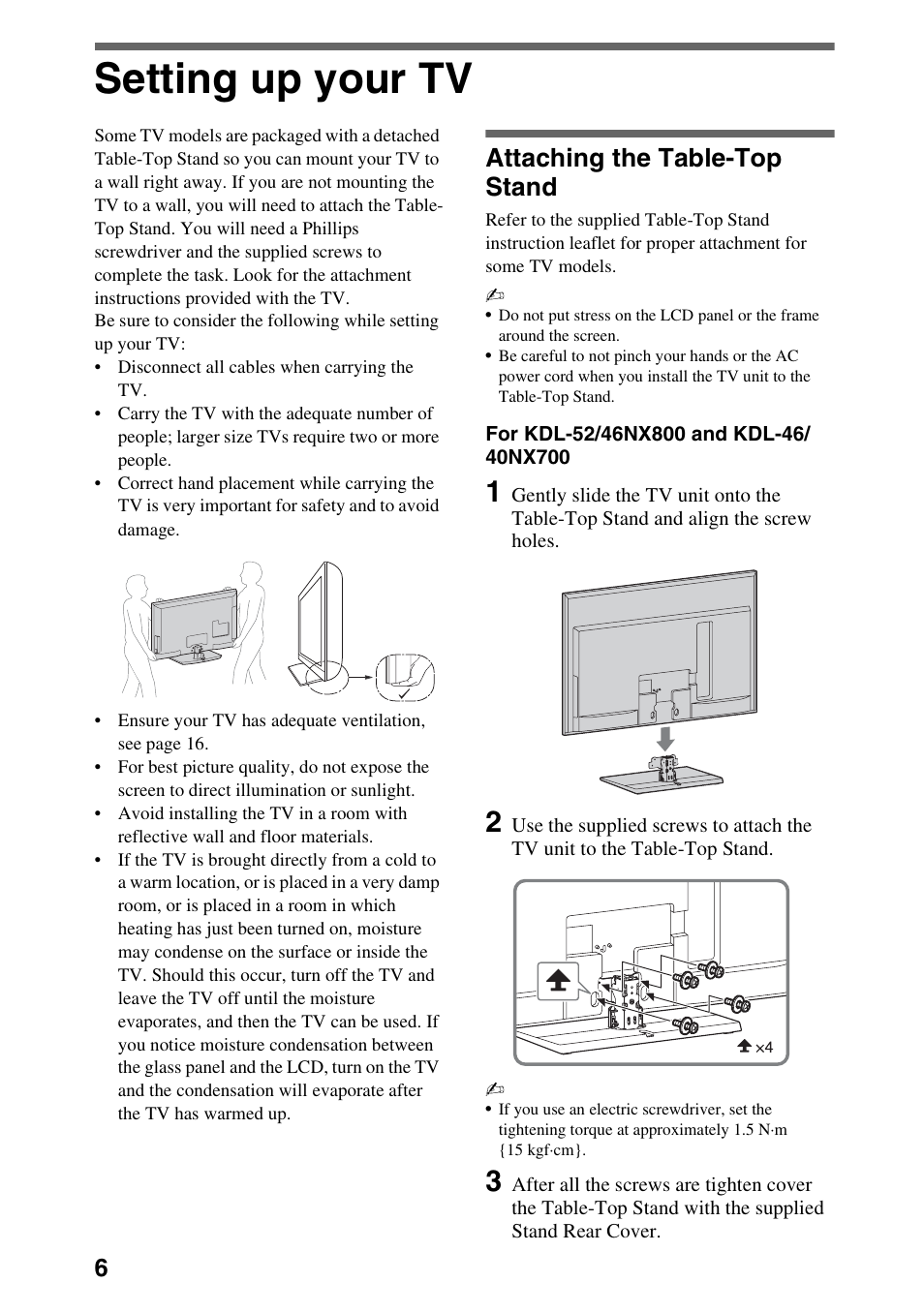 Setting up your tv, Attaching the table-top stand | Sony 52NX800 User Manual | Page 6 / 24