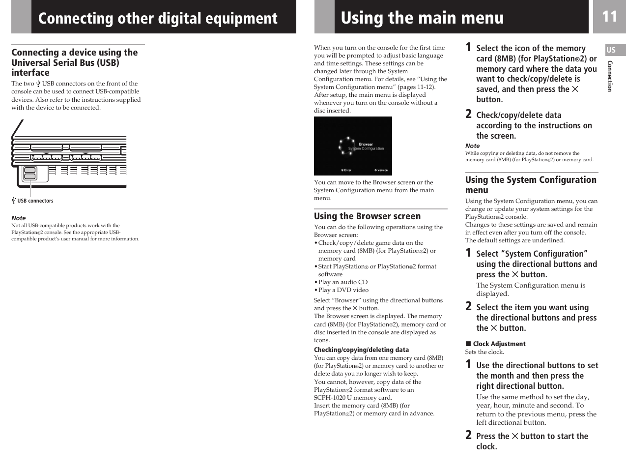 Using the main menu, Connecting other digital equipment | Sony SCPH-50011 User Manual | Page 11 / 64