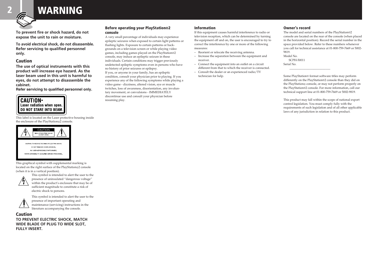 Warning, Caution | Sony SCPH-50011 User Manual | Page 2 / 64
