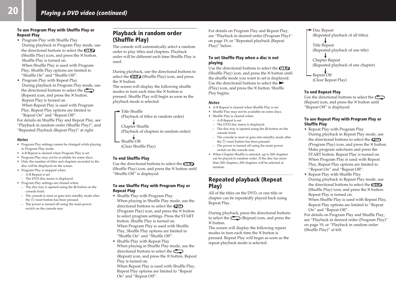 Playing a dvd video (continued), Playback in random order (shuffle play), Repeated playback (repeat play) | Sony SCPH-50011 User Manual | Page 20 / 64
