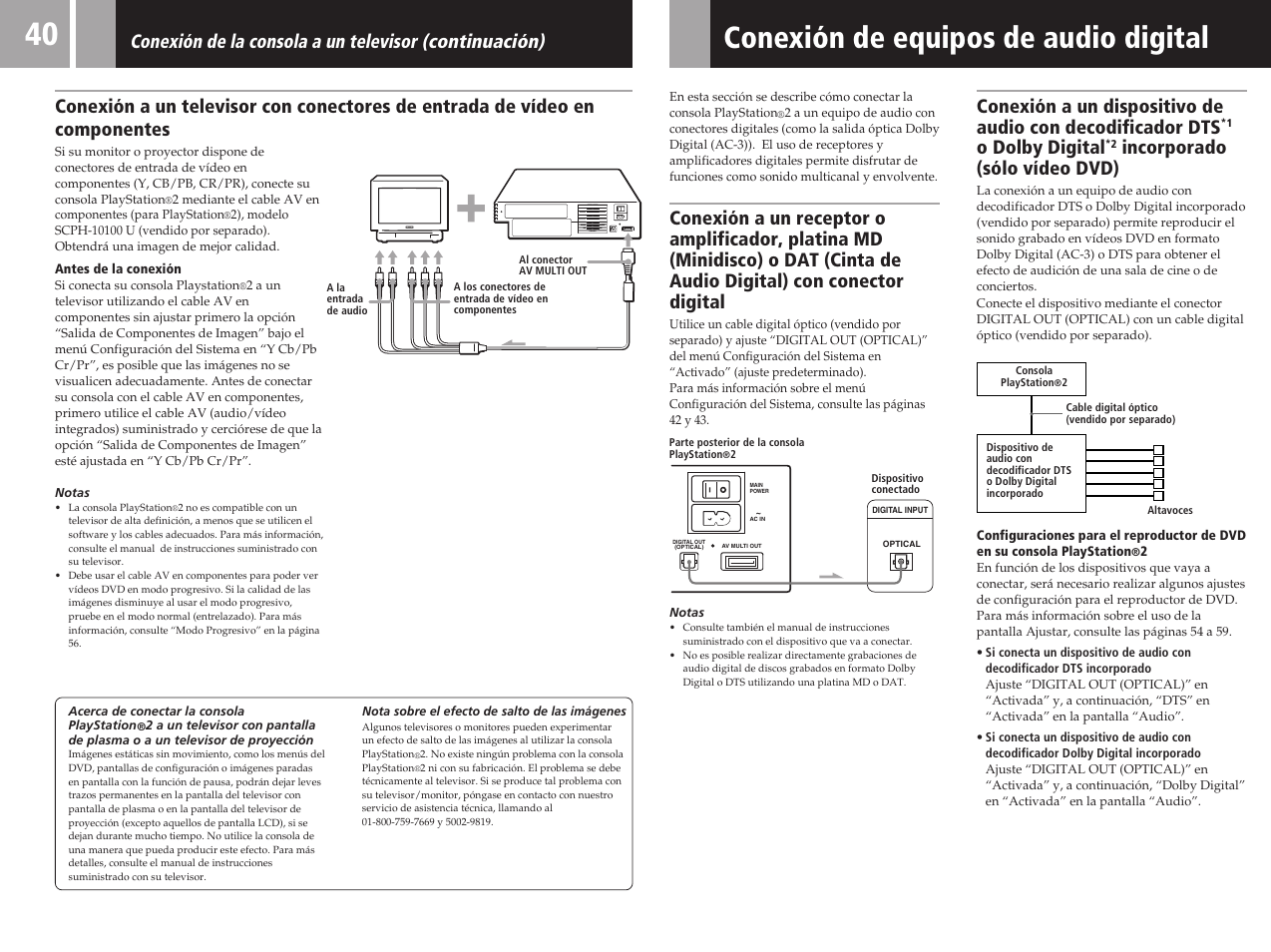 Conexión de equipos de audio digital, O dolby digital, Incorporado (sólo vídeo dvd) | Sony SCPH-50011 User Manual | Page 40 / 64