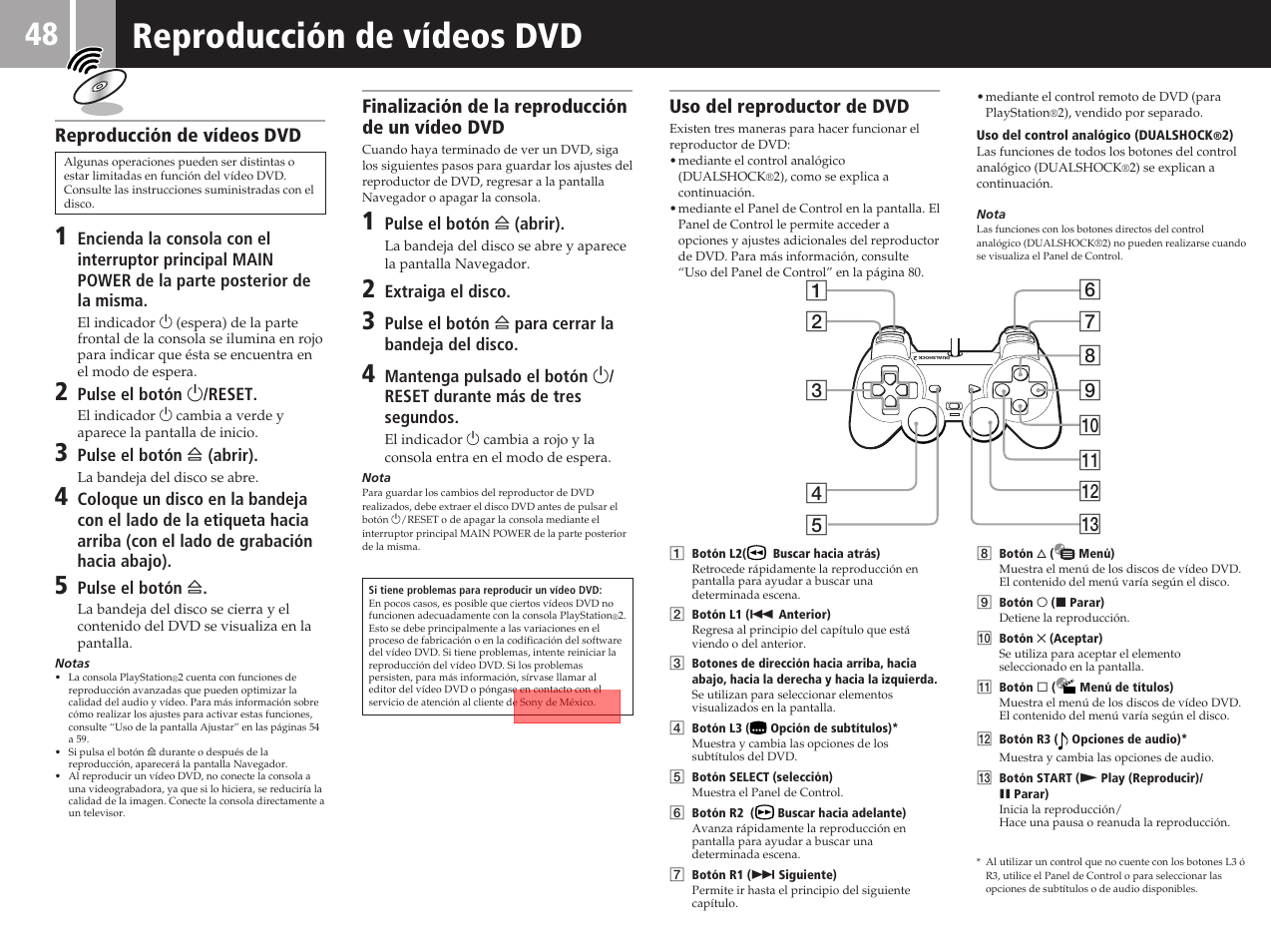 Reproducción de vídeos dvd, Finalización de la reproducción de un vídeo dvd, Uso del reproductor de dvd | Sony SCPH-50011 User Manual | Page 48 / 64