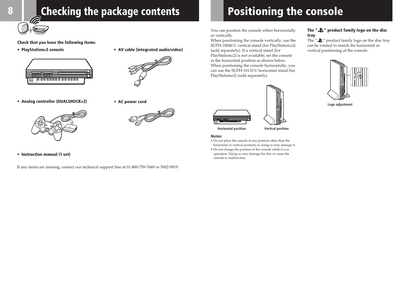 Checking the package contents, Positioning the console | Sony SCPH-50011 User Manual | Page 8 / 64