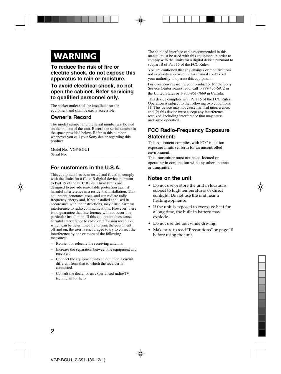 Warning | Sony VGP-BGU1 User Manual | Page 2 / 23