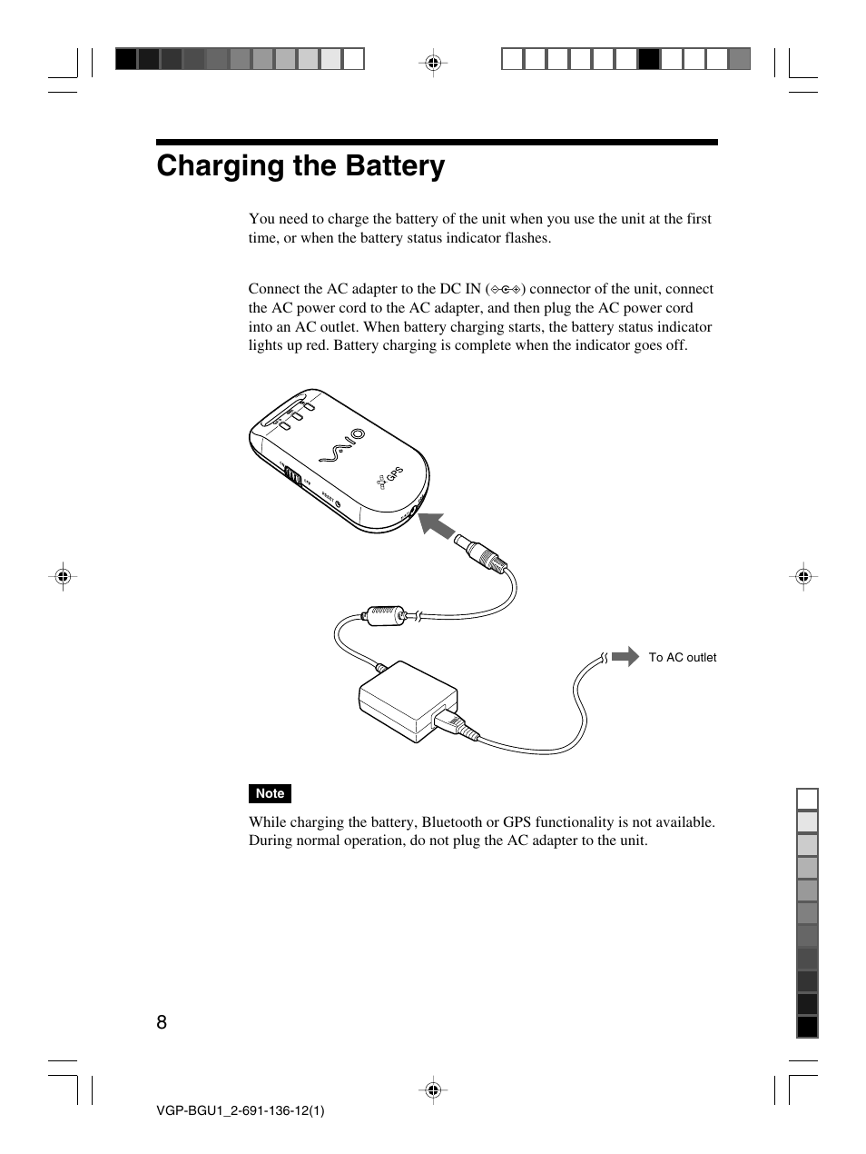 Charging the battery | Sony VGP-BGU1 User Manual | Page 8 / 23