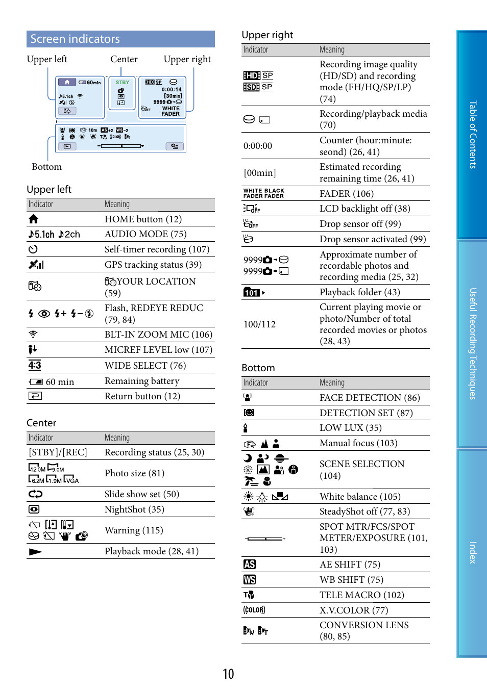 Screen indicators | Sony XR520VE User Manual | Page 10 / 136