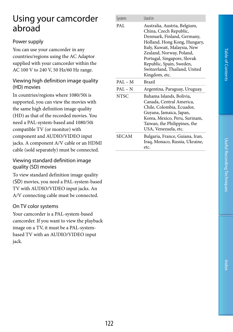 Using your camcorder abroad | Sony XR520VE User Manual | Page 122 / 136