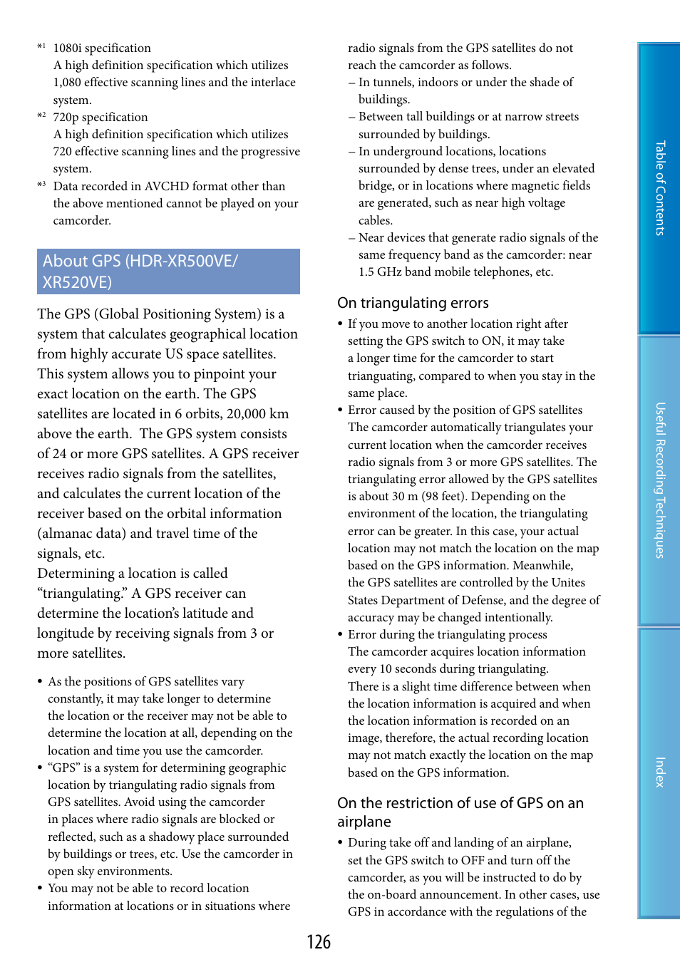 About gps (hdr-xr500ve/xr520ve), On triangulating errors, On the restriction of use of gps on an airplane | Sony XR520VE User Manual | Page 126 / 136