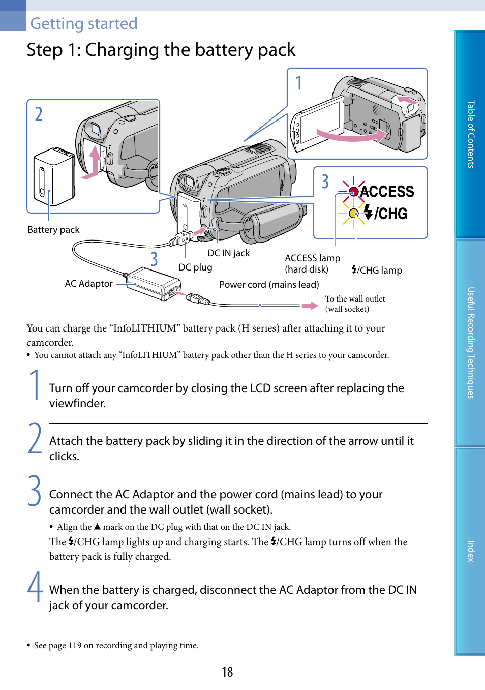 Getting started, Step 1: charging the battery pack, Y pack (18) | D disk) (18), Ge) lamp (18), Dc in jack (18), 18, 70) a | Sony XR520VE User Manual | Page 18 / 136