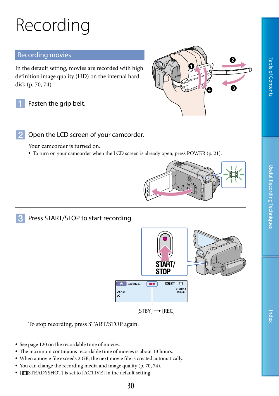 Recording, Recording movies | Sony XR520VE User Manual | Page 30 / 136