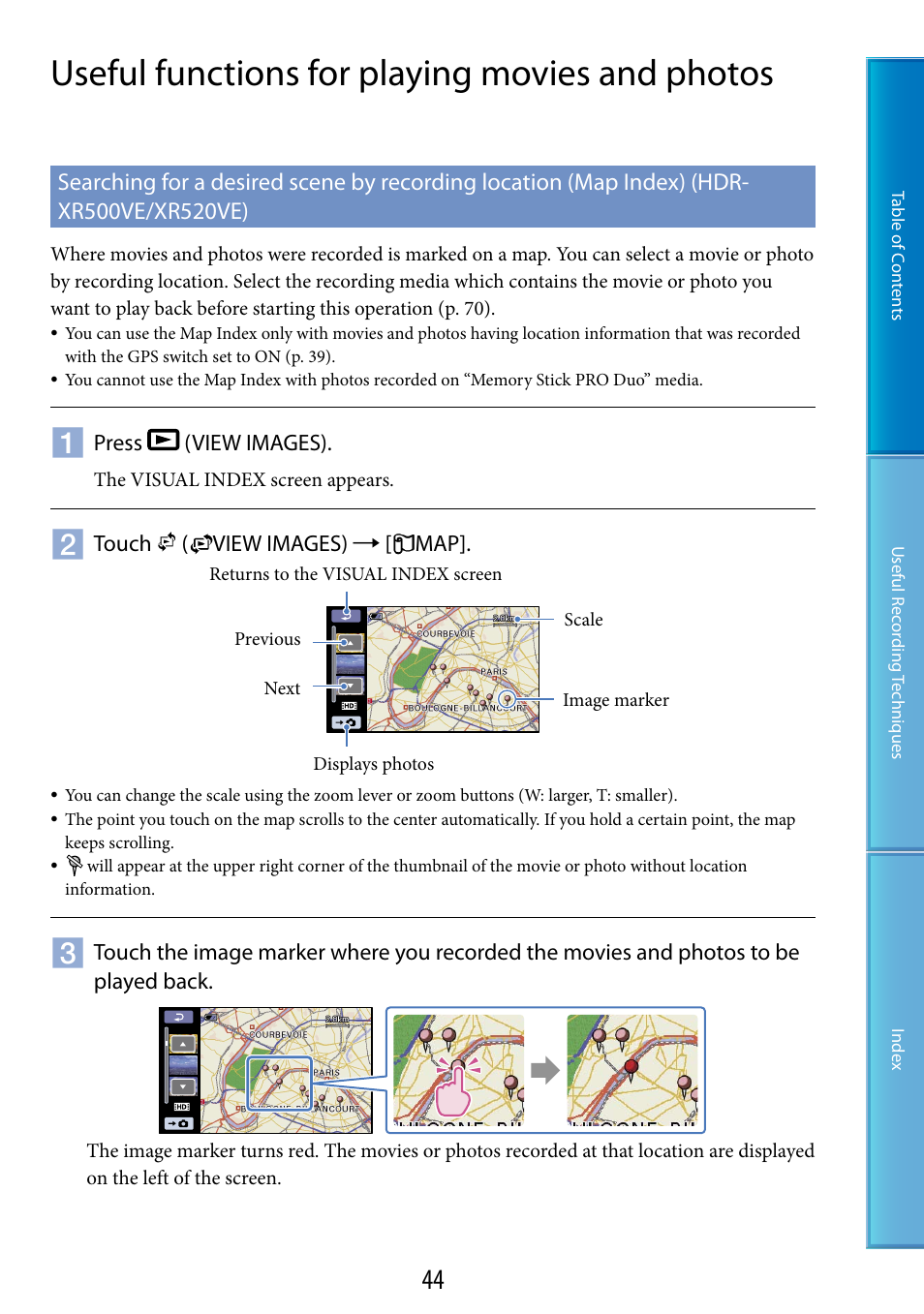 Useful functions for playing movies and photos, Xr500ve/xr520ve) | Sony XR520VE User Manual | Page 44 / 136