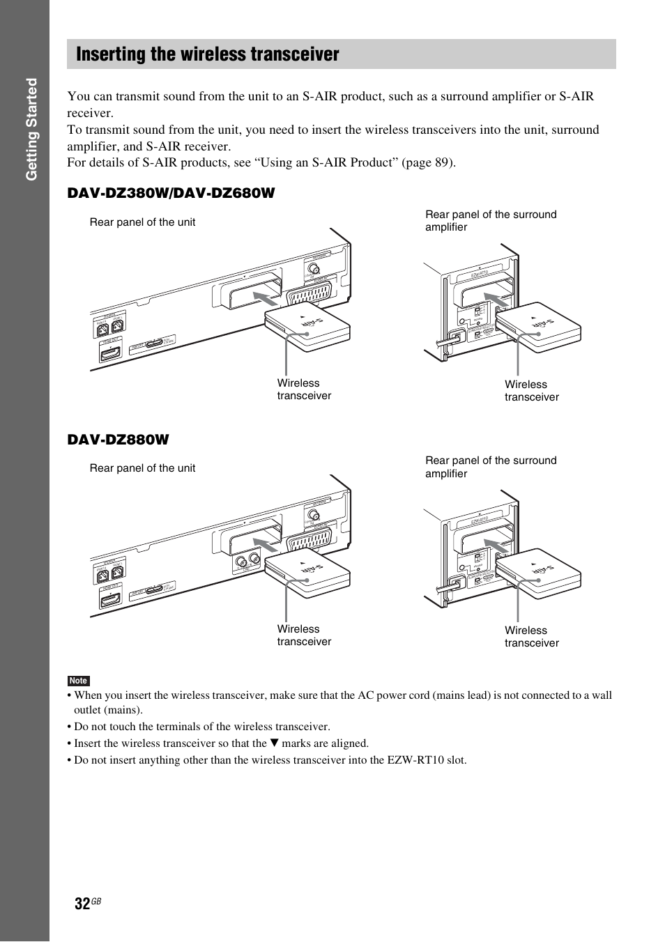 Inserting the wireless transceiver, Gettin g star ted | Sony DAV-DZ380W User Manual | Page 32 / 136