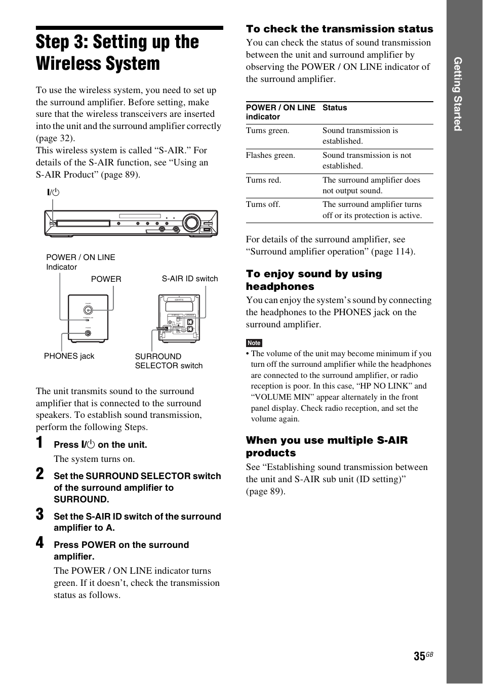 Step 3: setting up the wireless system, Step 3: setting up the wireless, System | Ge tting star te d, When you use multiple s-air products, The system turns on | Sony DAV-DZ380W User Manual | Page 35 / 136