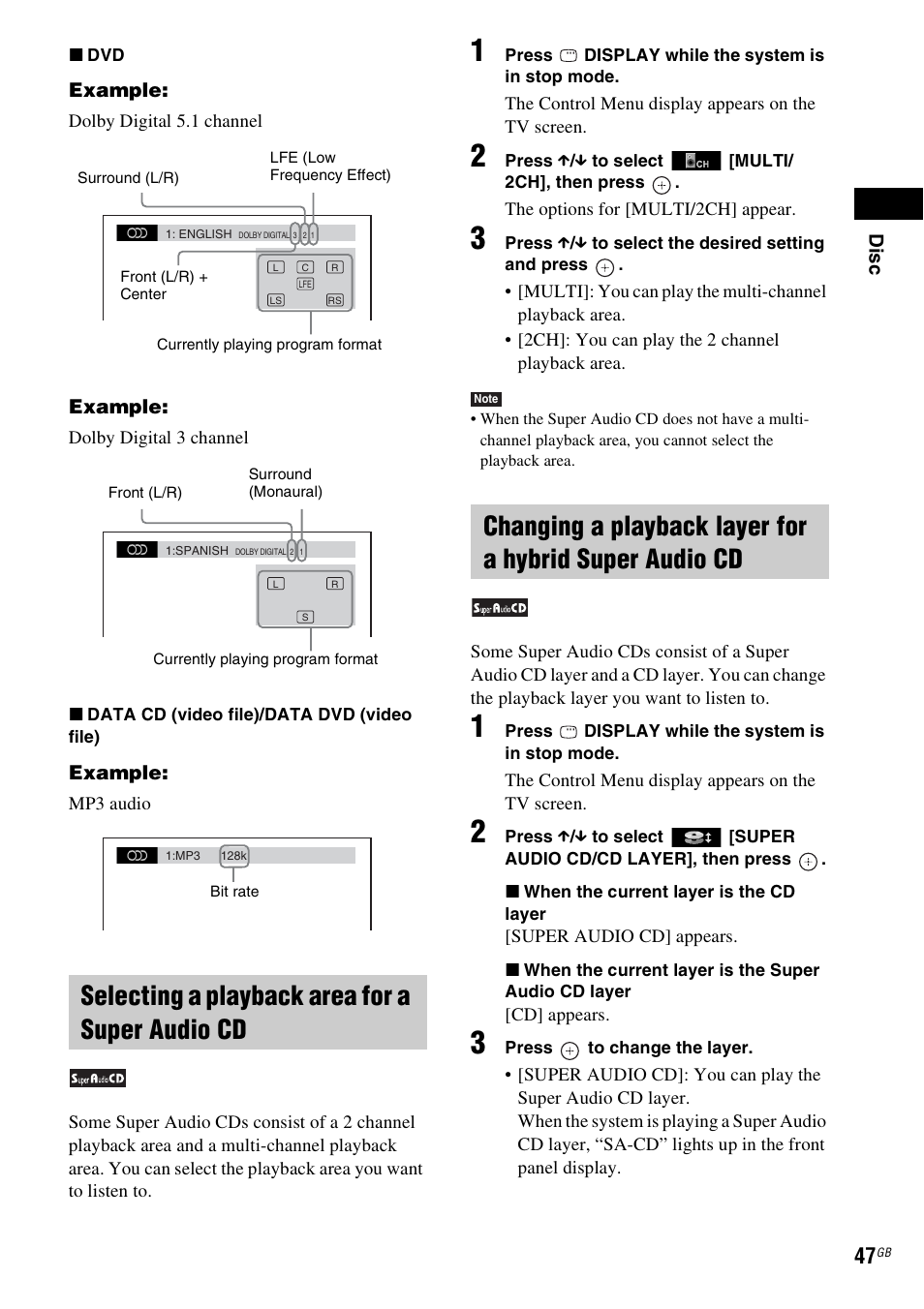 Selecting a playback area for a super audio cd | Sony DAV-DZ380W User Manual | Page 47 / 136