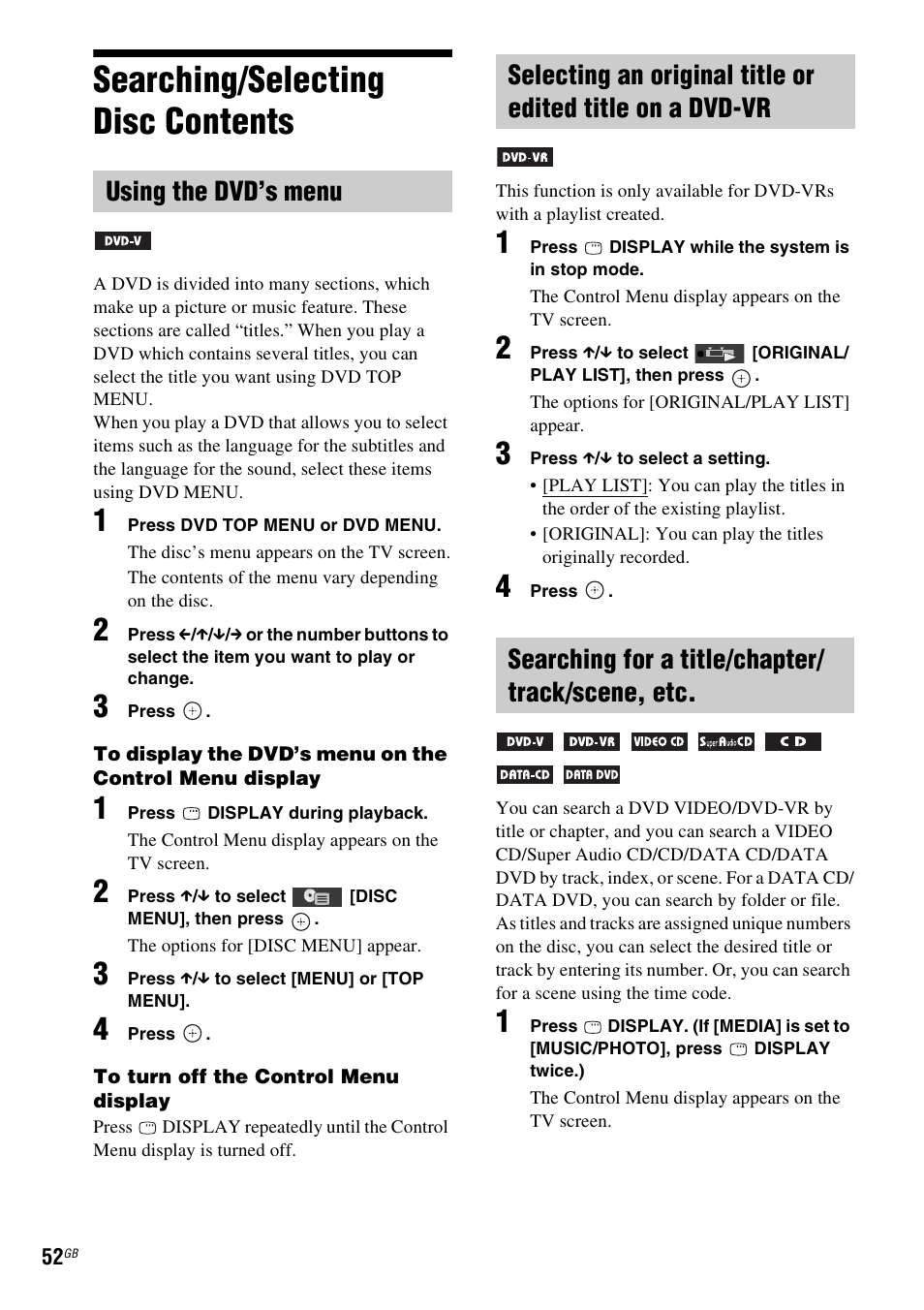 Searching/selecting disc contents, Using the dvd’s menu, Searching for a title/chapter/ track/scene, etc | Sony DAV-DZ380W User Manual | Page 52 / 136