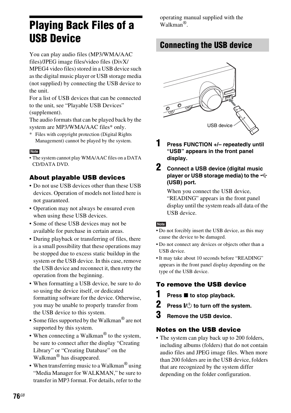 Playing back files of a usb device, Connecting the usb device | Sony DAV-DZ380W User Manual | Page 76 / 136