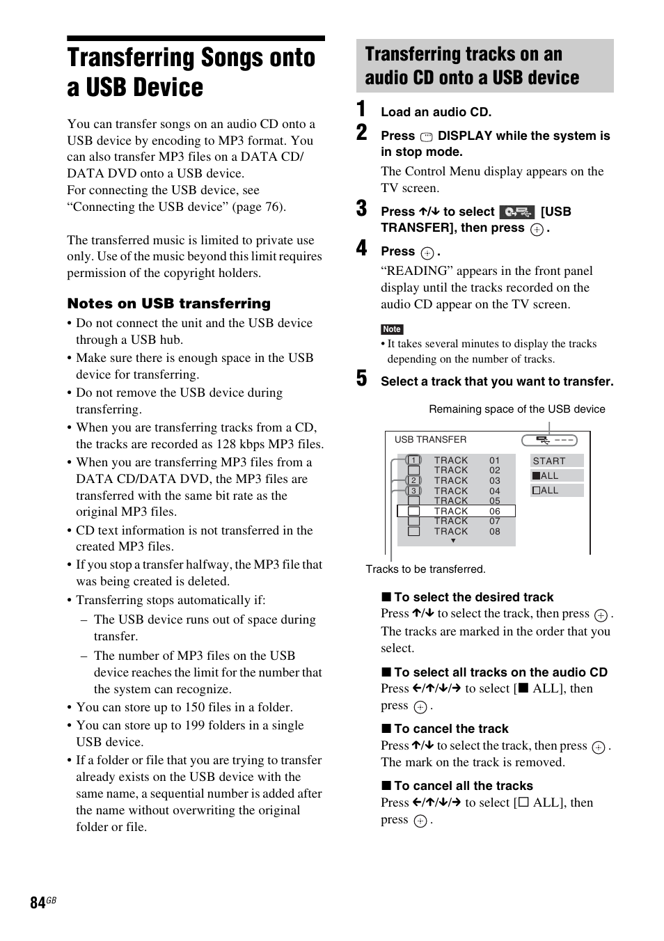 Transferring songs onto a usb device, Transferring songs onto a usb, Device | Sony DAV-DZ380W User Manual | Page 84 / 136