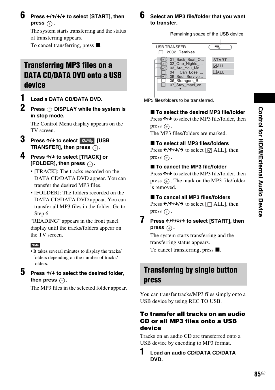 Transferring by single button press | Sony DAV-DZ380W User Manual | Page 85 / 136