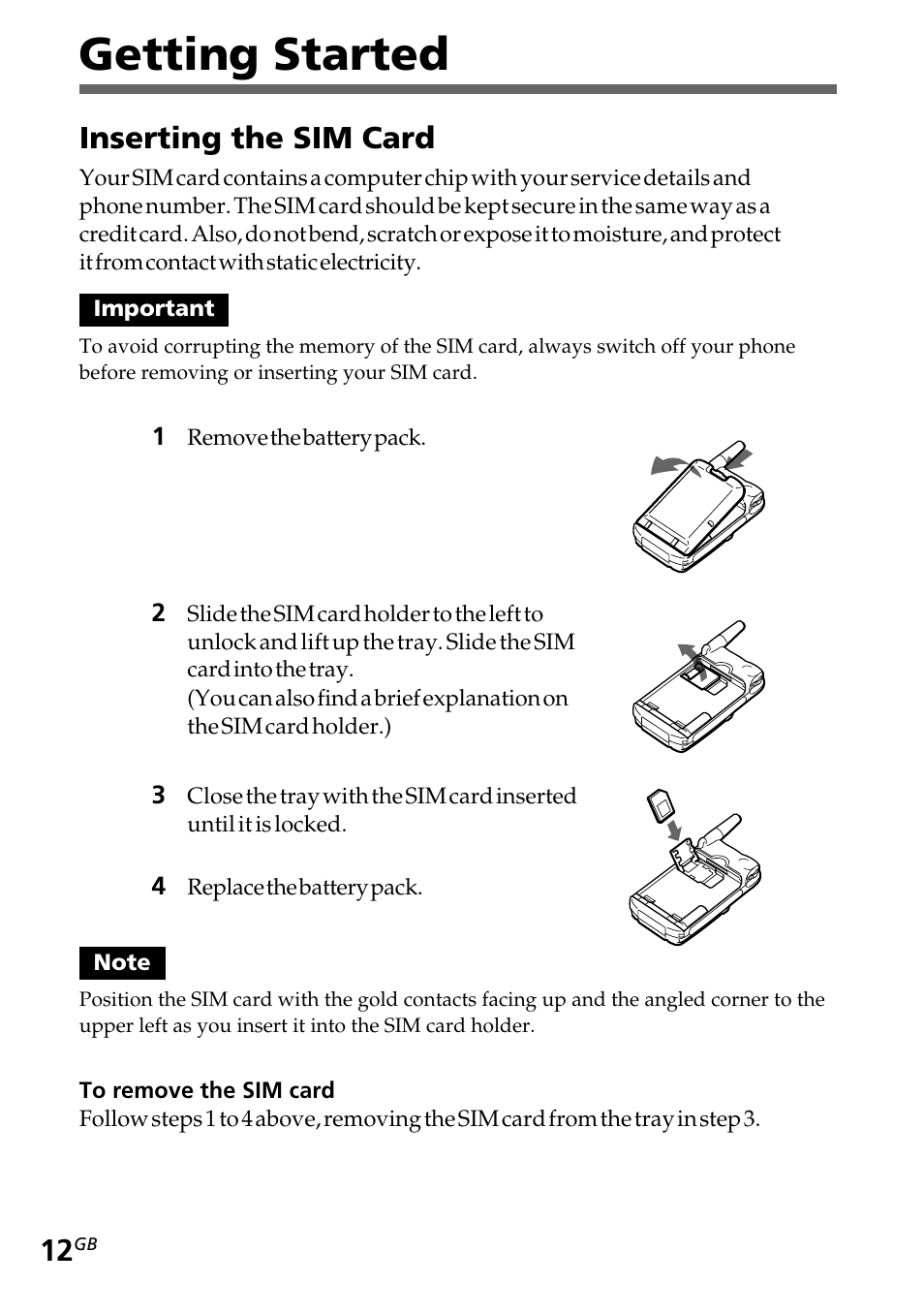 Inserting the sim card, Getting started | Sony CMD-Z5 User Manual | Page 12 / 84