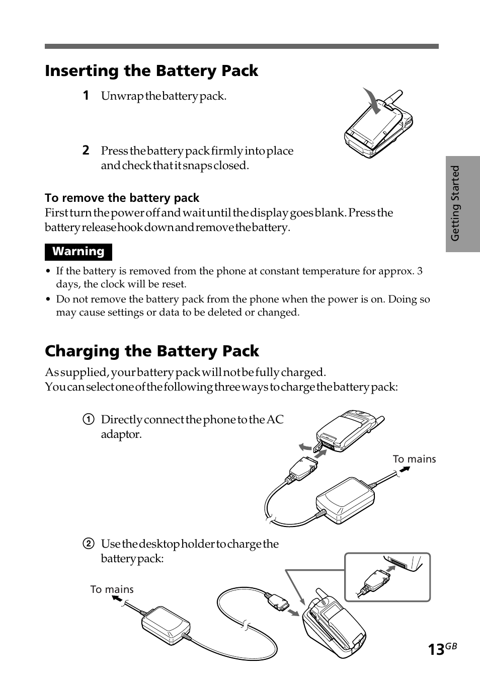 Inserting the battery pack, Charging the battery pack | Sony CMD-Z5 User Manual | Page 13 / 84