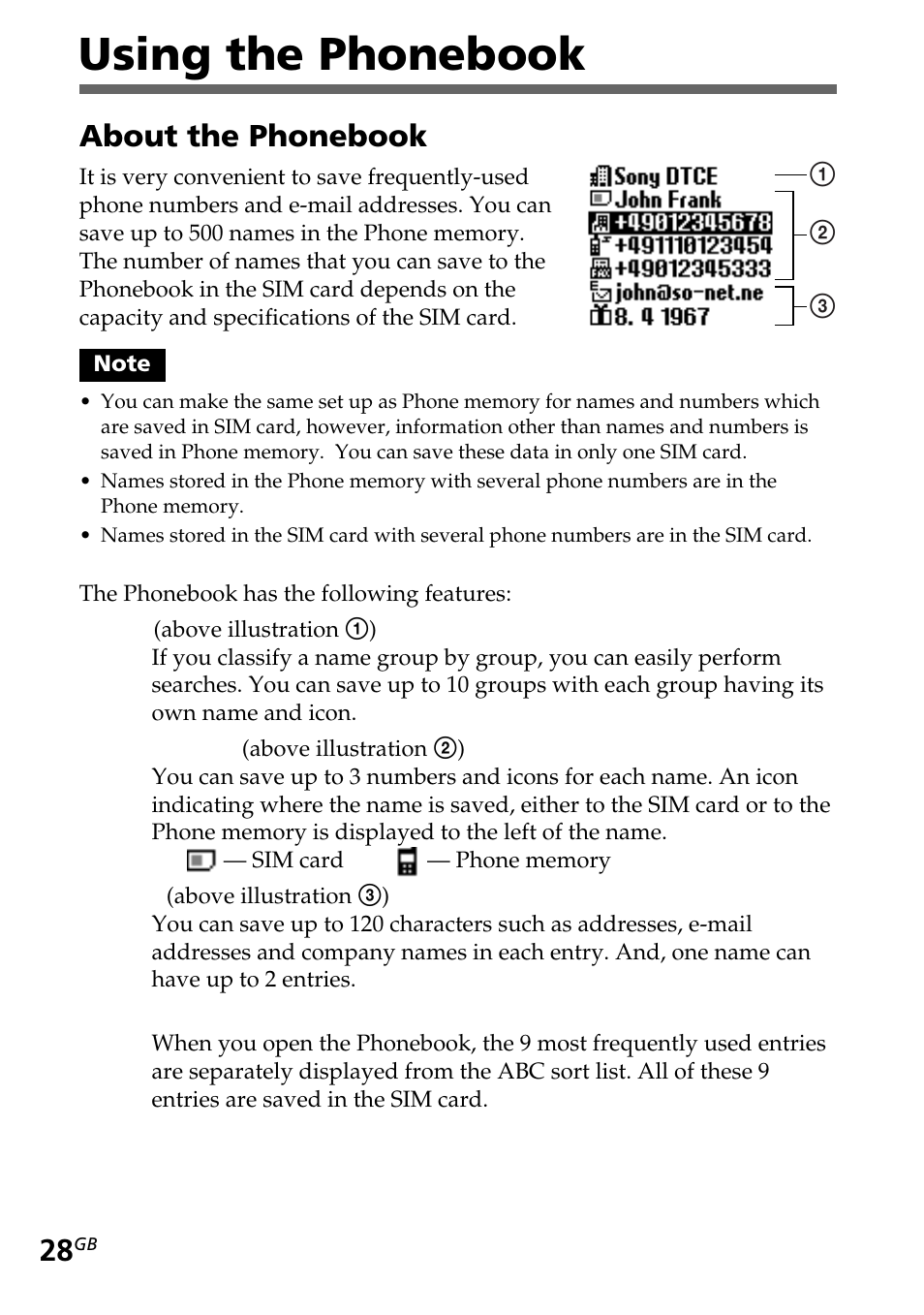 About the phonebook, Using the phonebook | Sony CMD-Z5 User Manual | Page 28 / 84