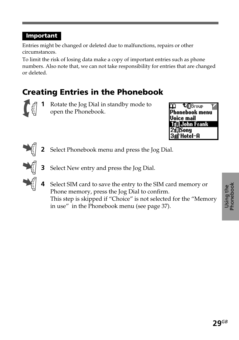 Creating entries in the phonebook | Sony CMD-Z5 User Manual | Page 29 / 84
