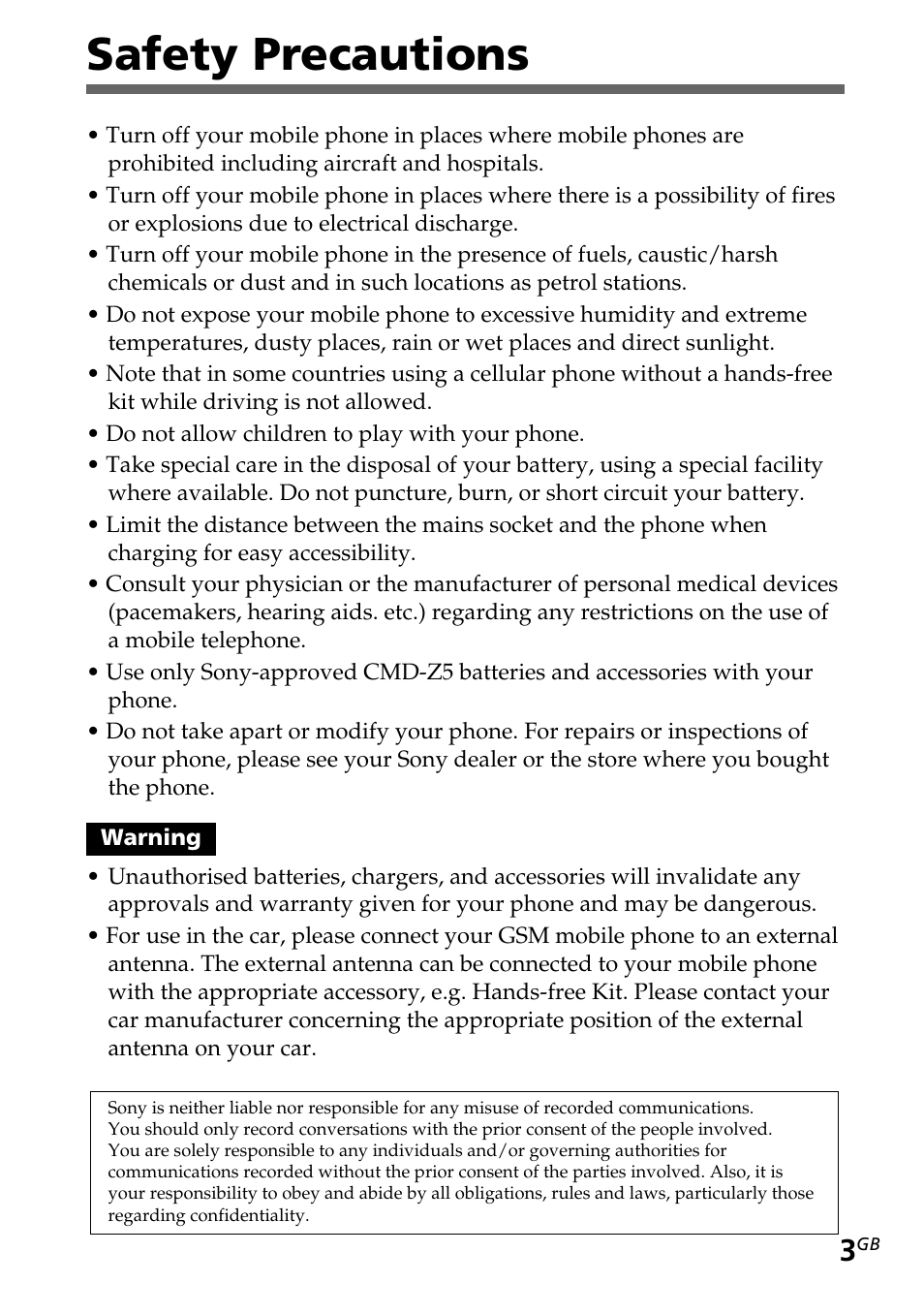 Safety precautions | Sony CMD-Z5 User Manual | Page 3 / 84