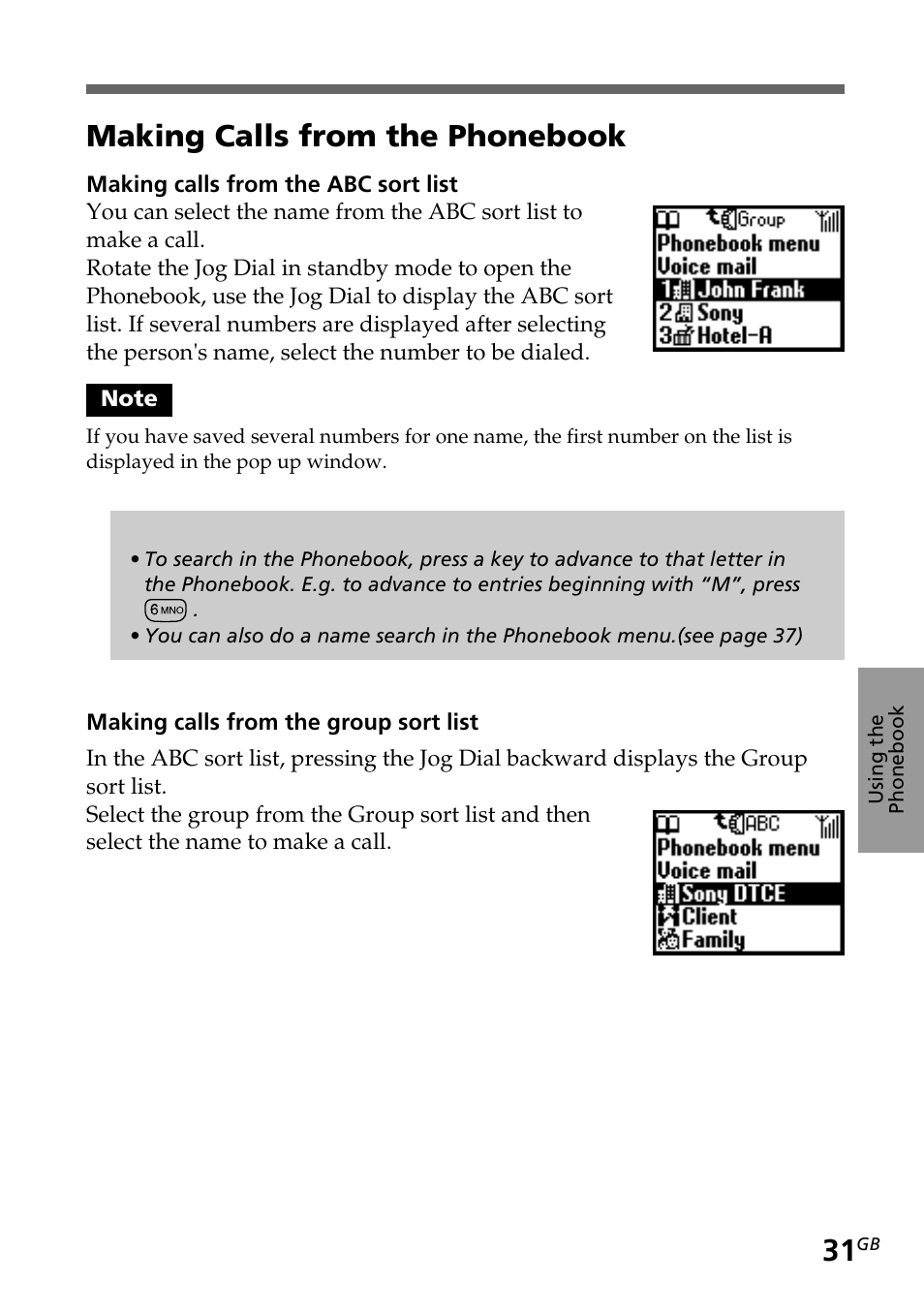 Making calls from the phonebook | Sony CMD-Z5 User Manual | Page 31 / 84