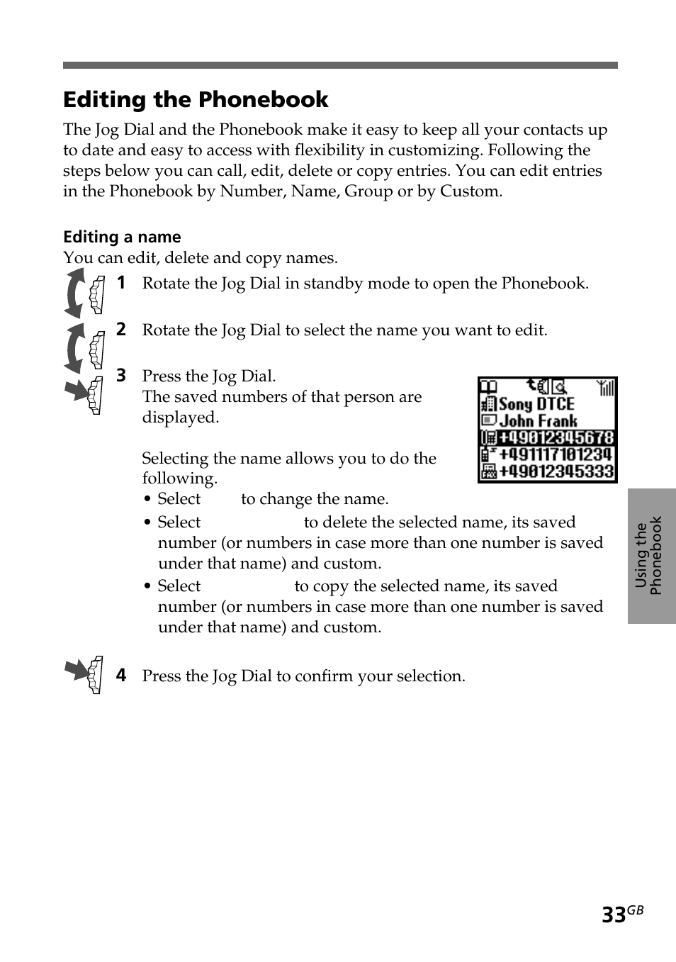 Editing the phonebook | Sony CMD-Z5 User Manual | Page 33 / 84