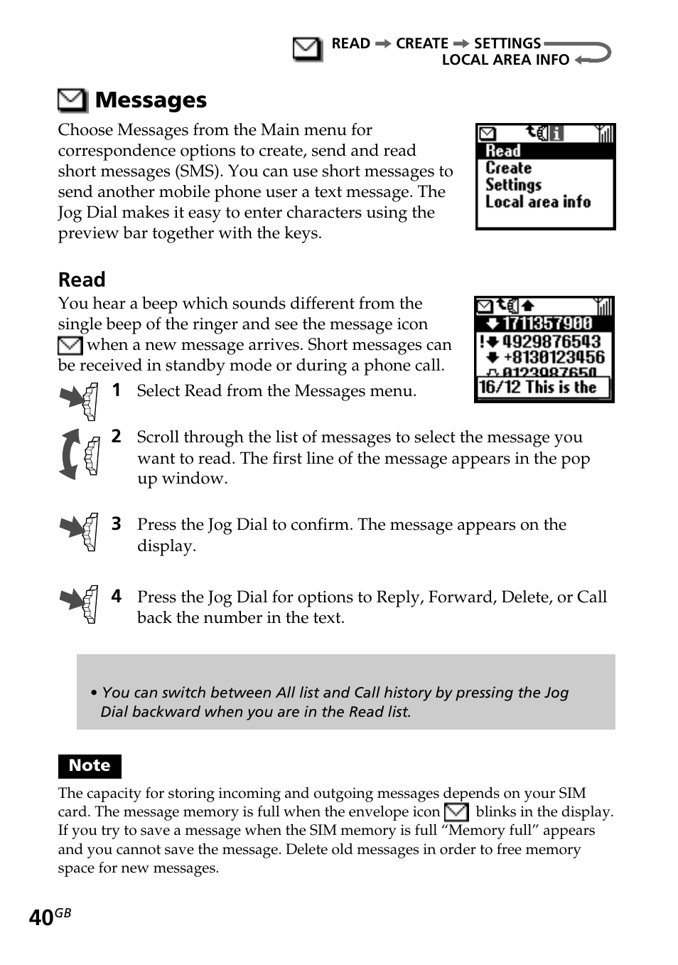 Messages, Read | Sony CMD-Z5 User Manual | Page 40 / 84