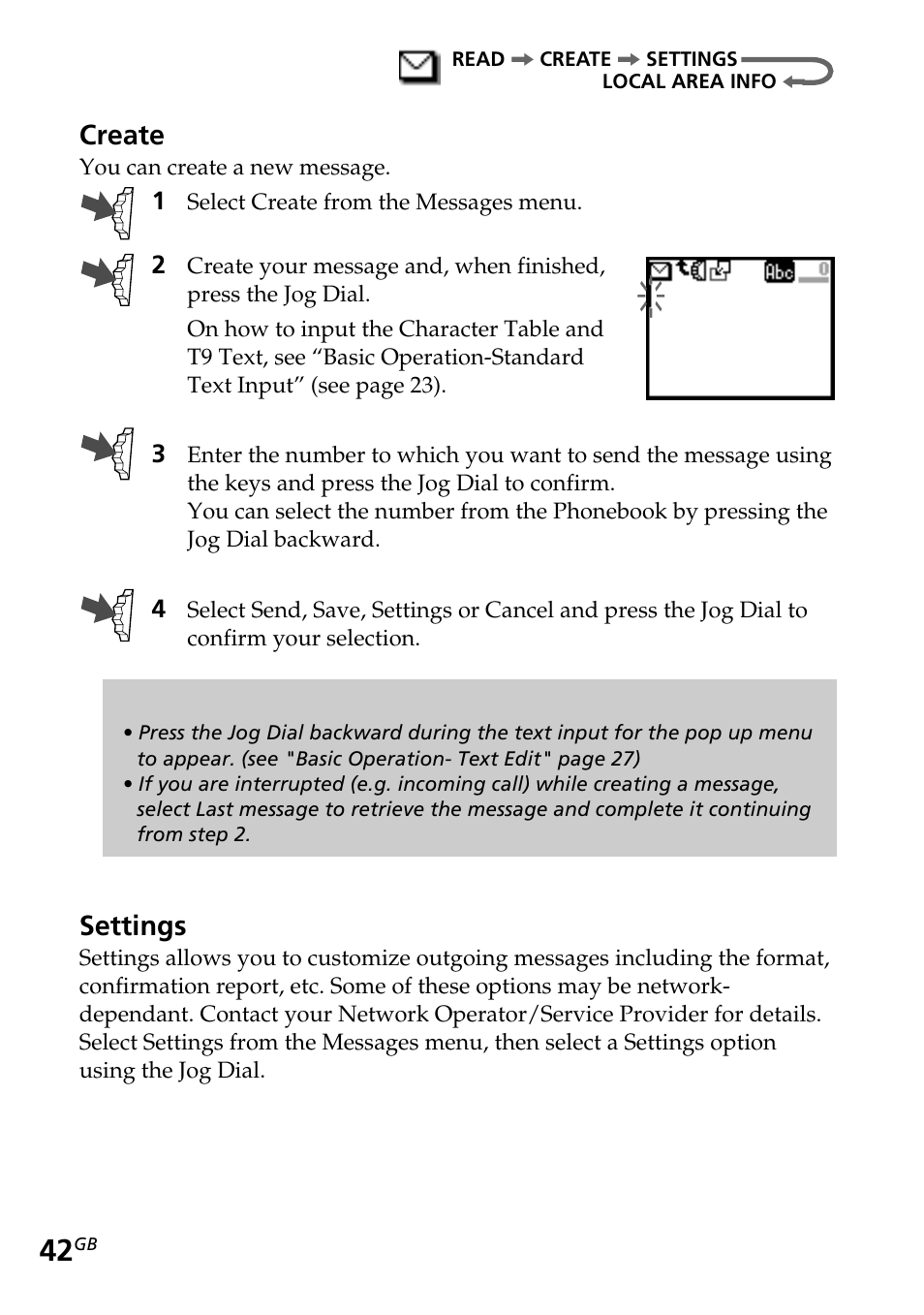 Create, Settings | Sony CMD-Z5 User Manual | Page 42 / 84