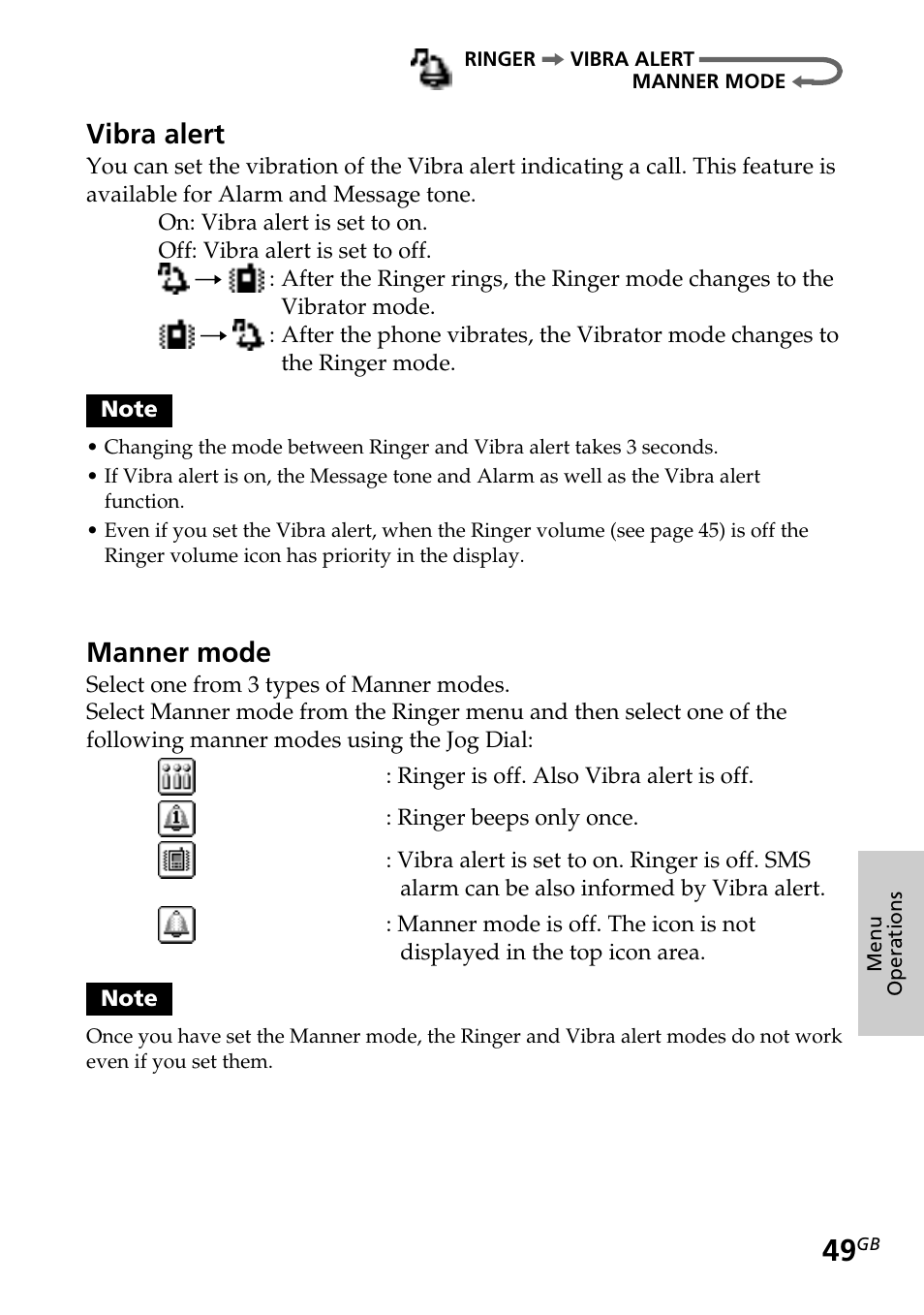 Schedule, Vibra alert, Manner mode | Sony CMD-Z5 User Manual | Page 49 / 84