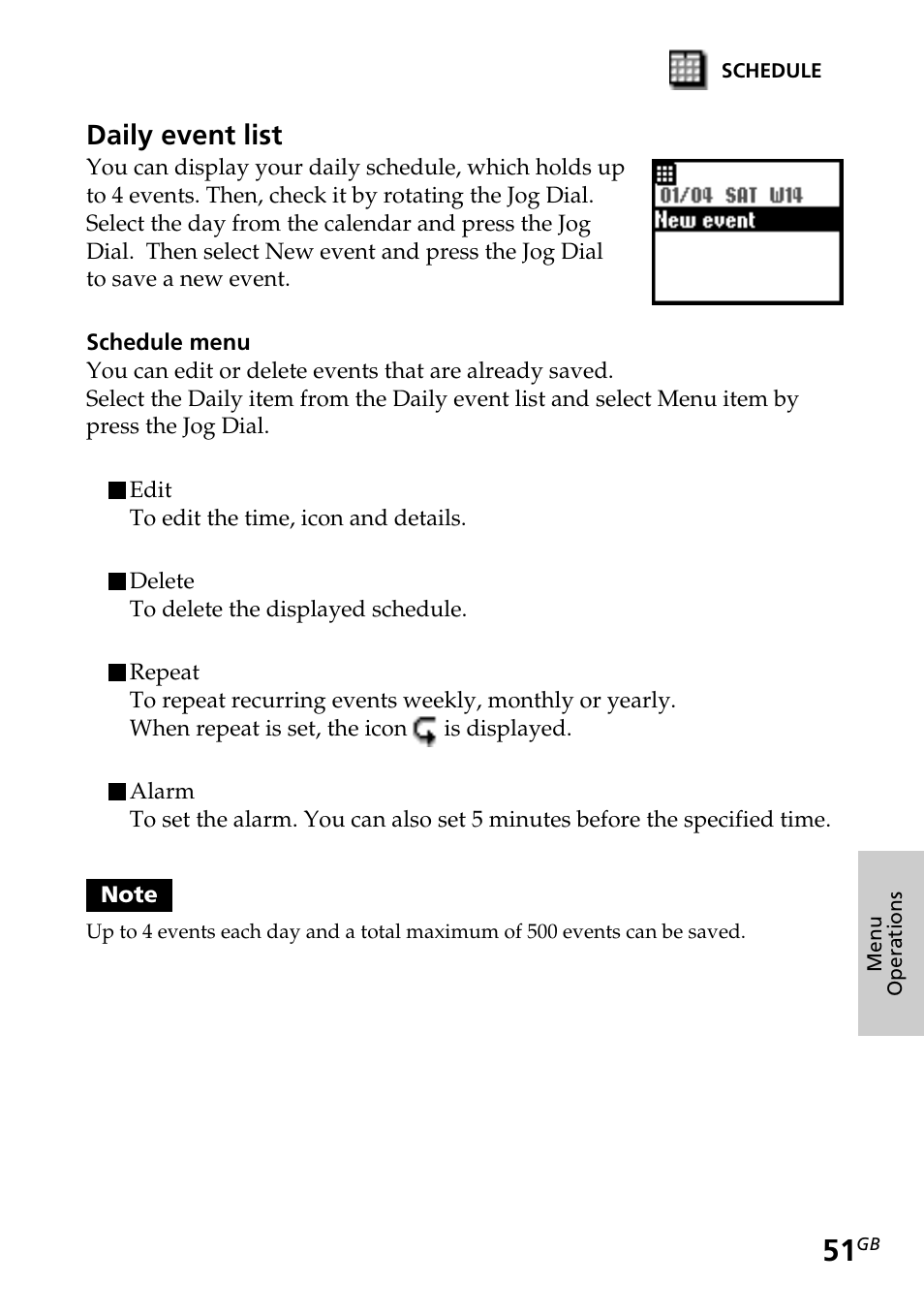 Clock, Daily event list | Sony CMD-Z5 User Manual | Page 51 / 84
