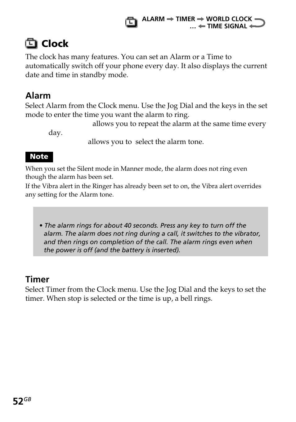 Clock, Alarm, Timer | Sony CMD-Z5 User Manual | Page 52 / 84