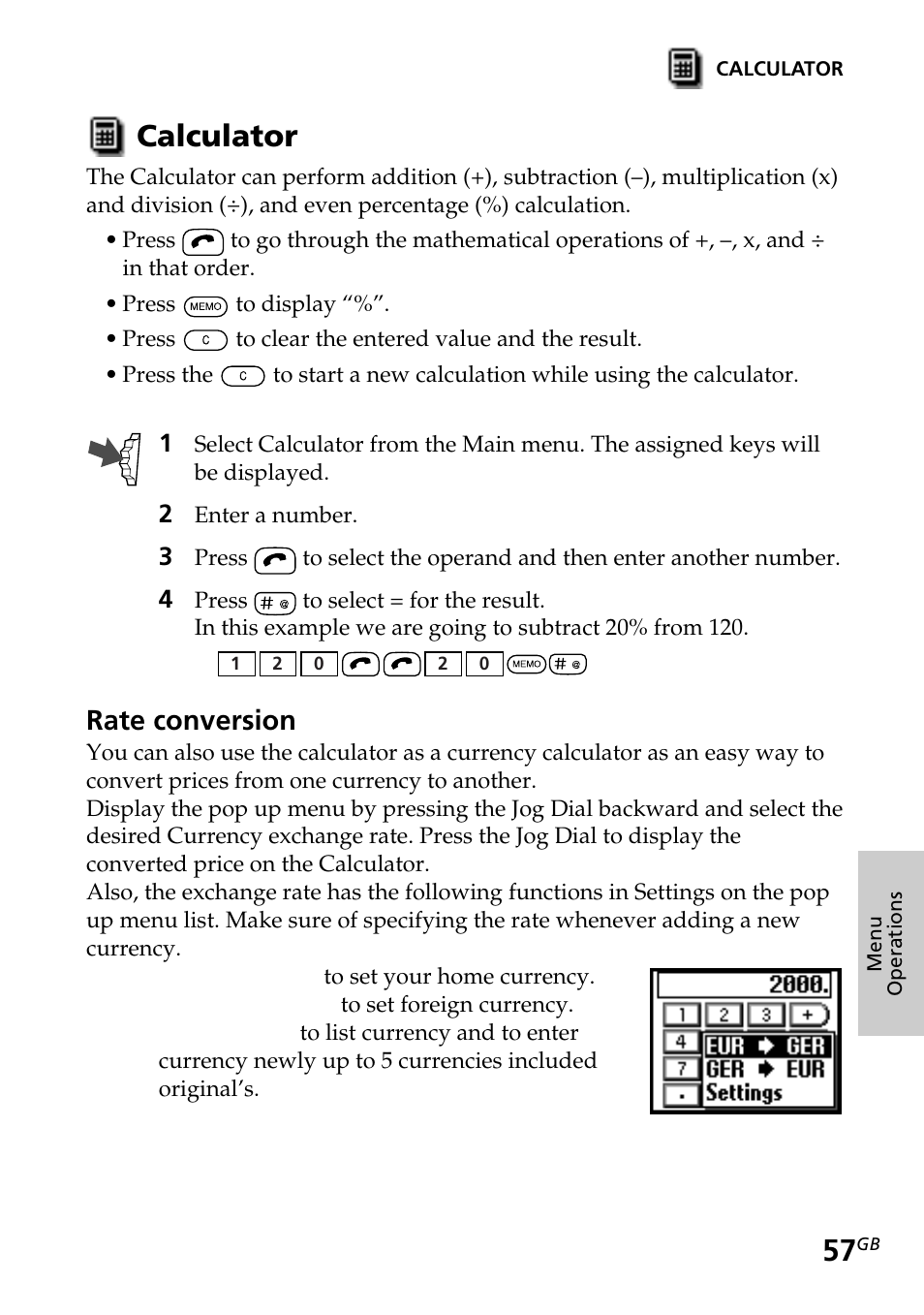 Calculator, Call history, Rate conversion | Sony CMD-Z5 User Manual | Page 57 / 84