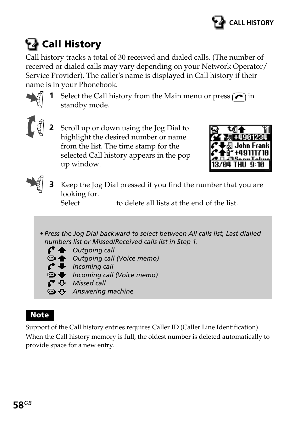 Call history | Sony CMD-Z5 User Manual | Page 58 / 84