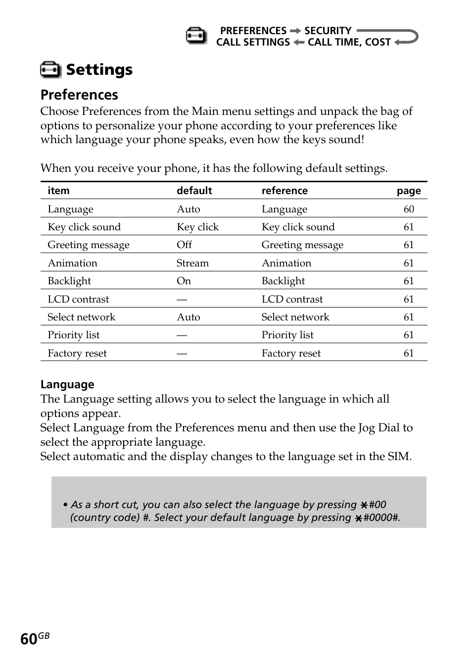 Settings, Preferences | Sony CMD-Z5 User Manual | Page 60 / 84