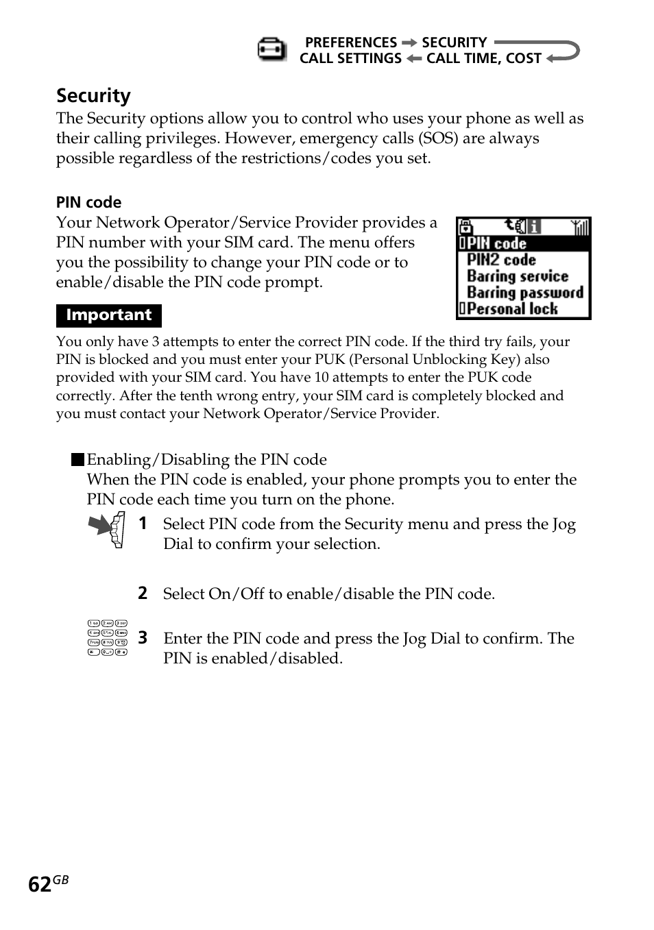 Security | Sony CMD-Z5 User Manual | Page 62 / 84