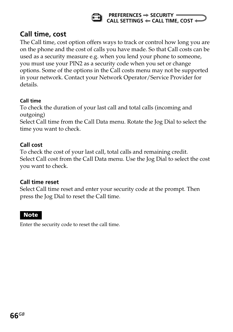 Call time, cost | Sony CMD-Z5 User Manual | Page 66 / 84