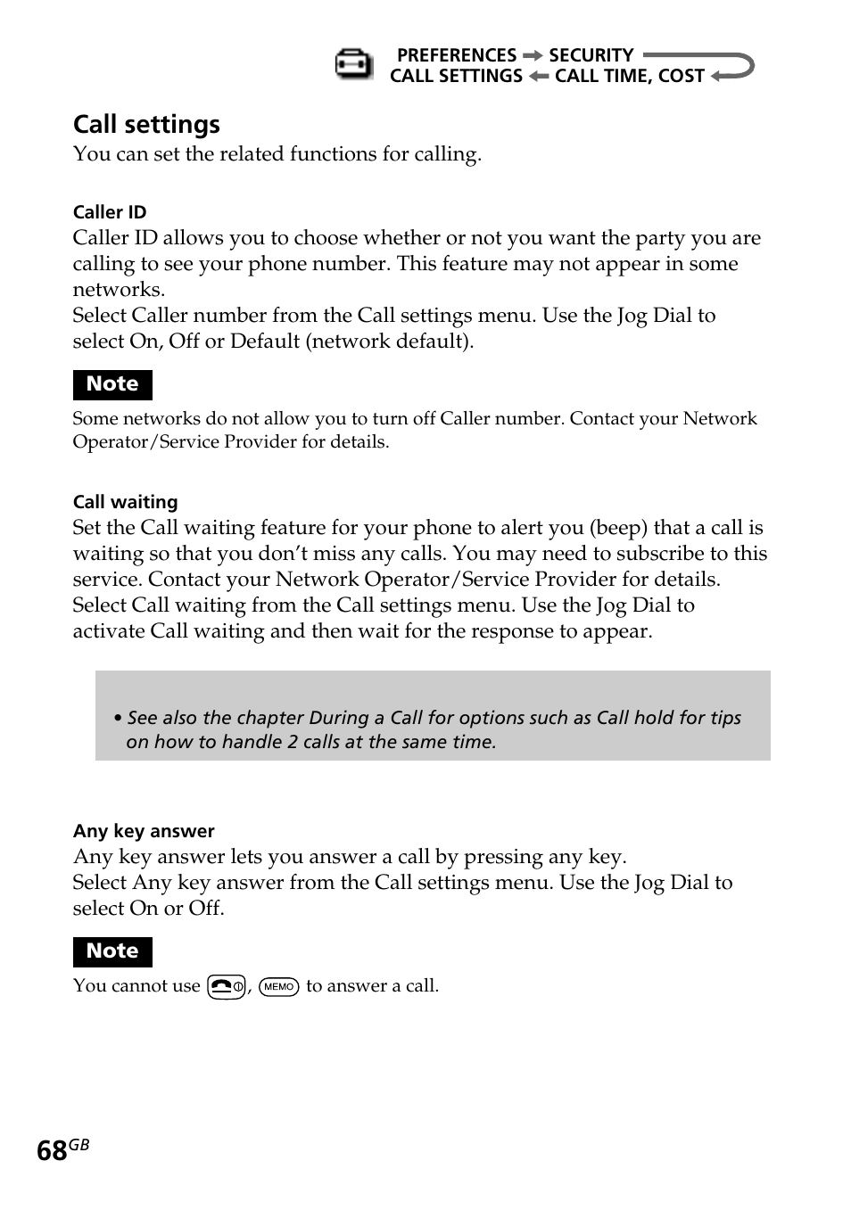 Call settings | Sony CMD-Z5 User Manual | Page 68 / 84