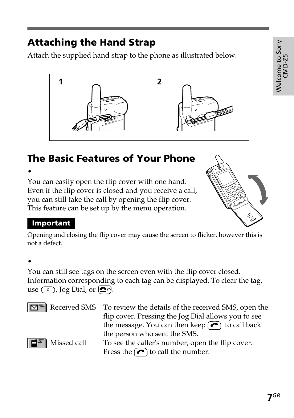 Attaching the hand strap, The basic features of your phone | Sony CMD-Z5 User Manual | Page 7 / 84