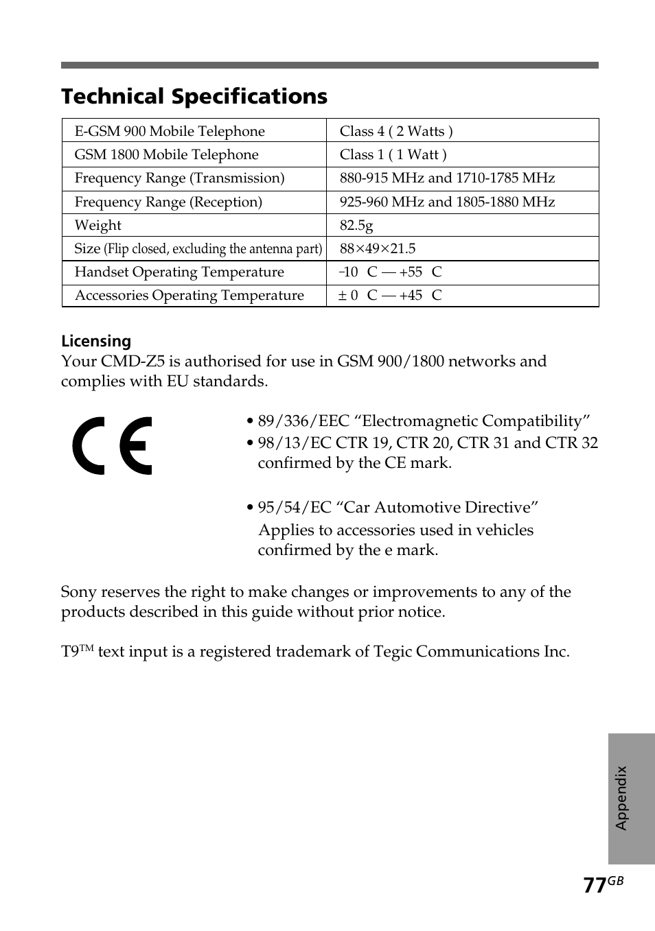 Technical specifications | Sony CMD-Z5 User Manual | Page 77 / 84