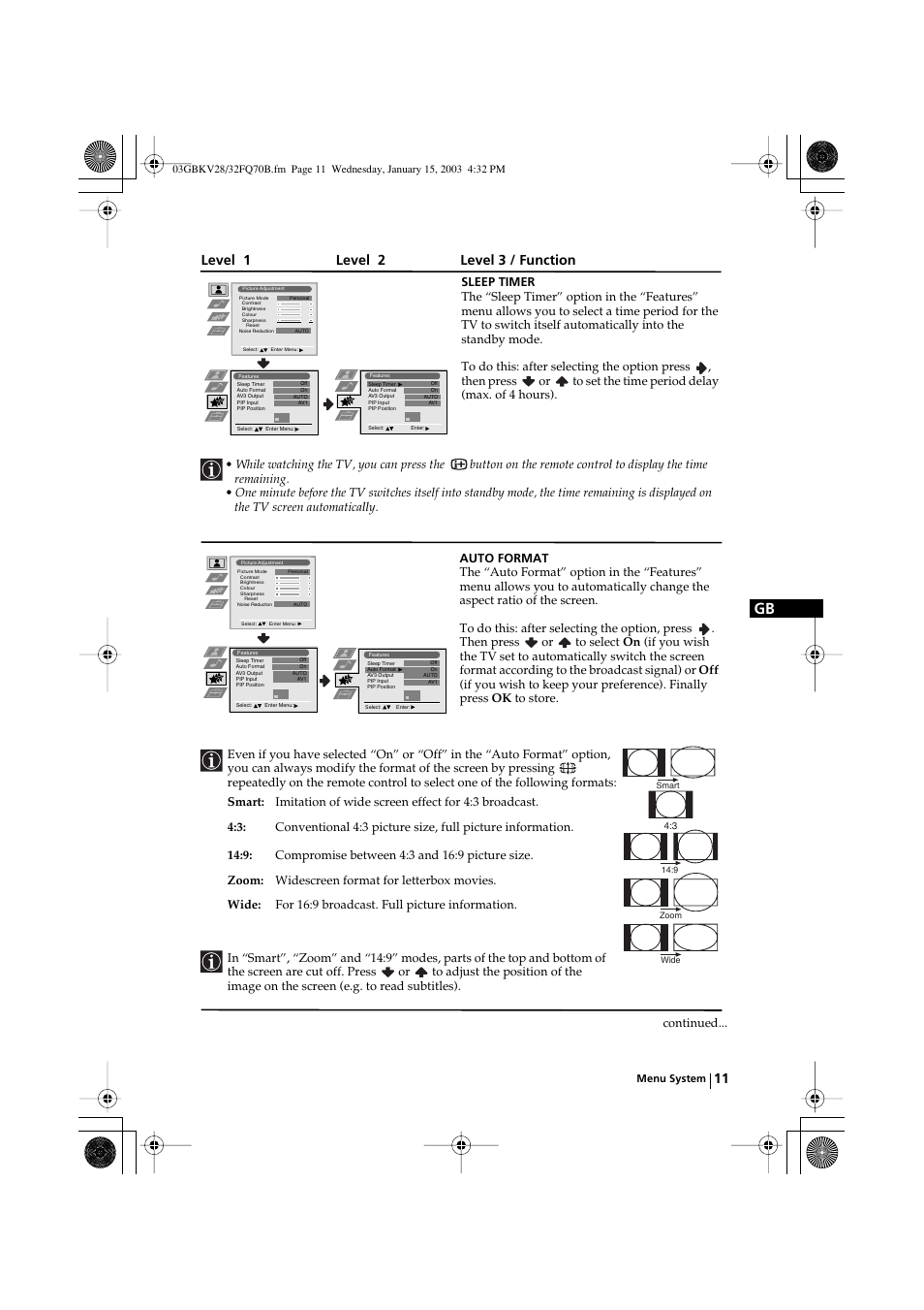 Level 1 level 2 level 3 / function | Sony FD Trinitron KV-28FQ70B User Manual | Page 11 / 26