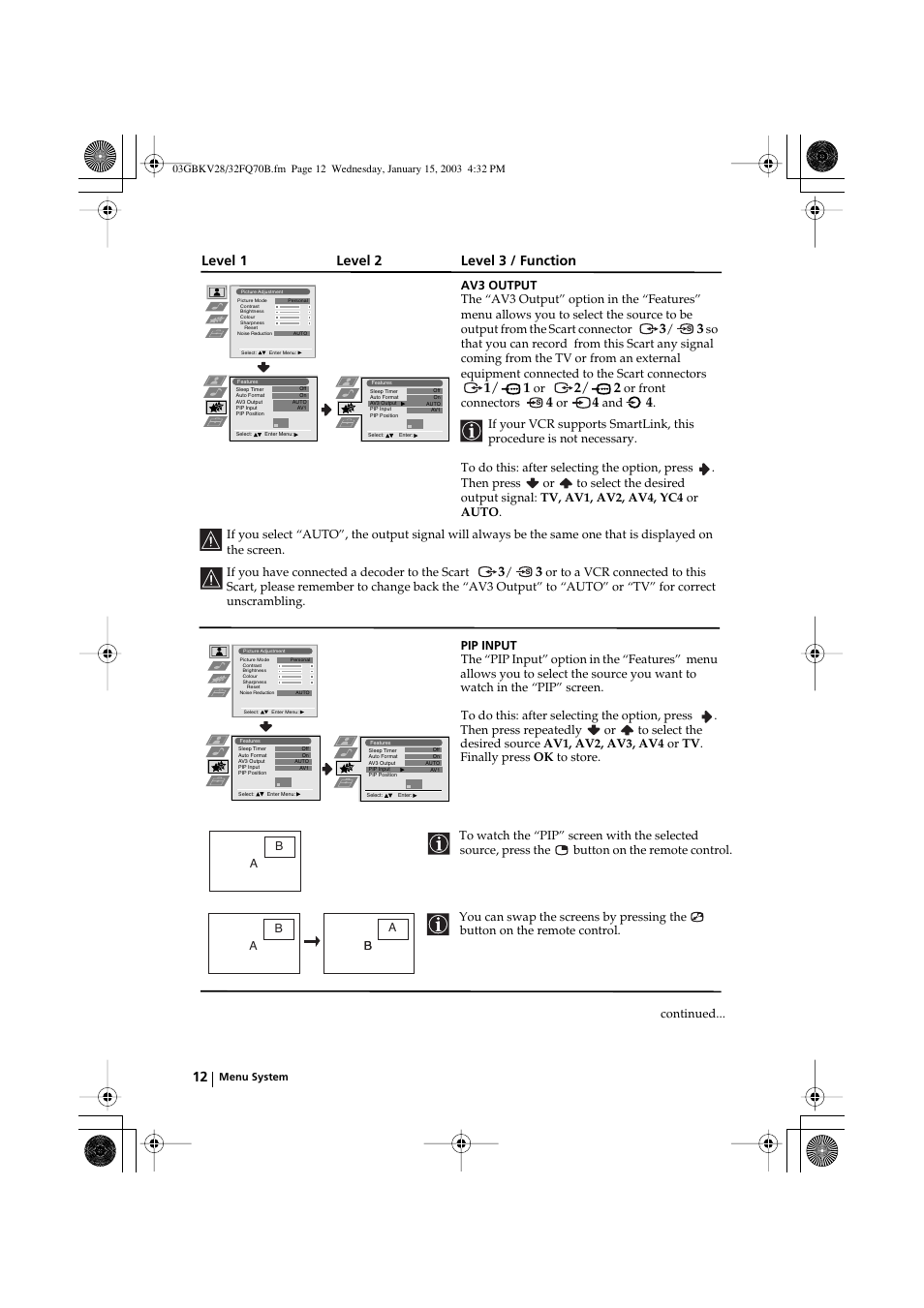 Level 1 level 2 level 3 / function | Sony FD Trinitron KV-28FQ70B User Manual | Page 12 / 26