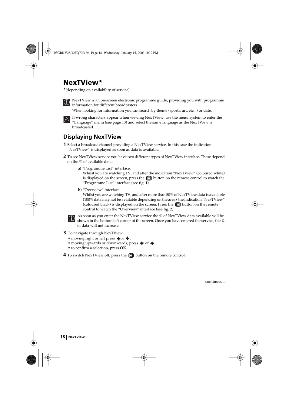 Nextview, Displaying nextview | Sony FD Trinitron KV-28FQ70B User Manual | Page 18 / 26