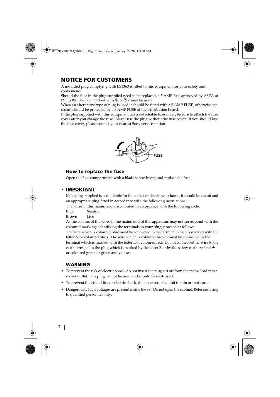 Notice for customers | Sony FD Trinitron KV-28FQ70B User Manual | Page 2 / 26